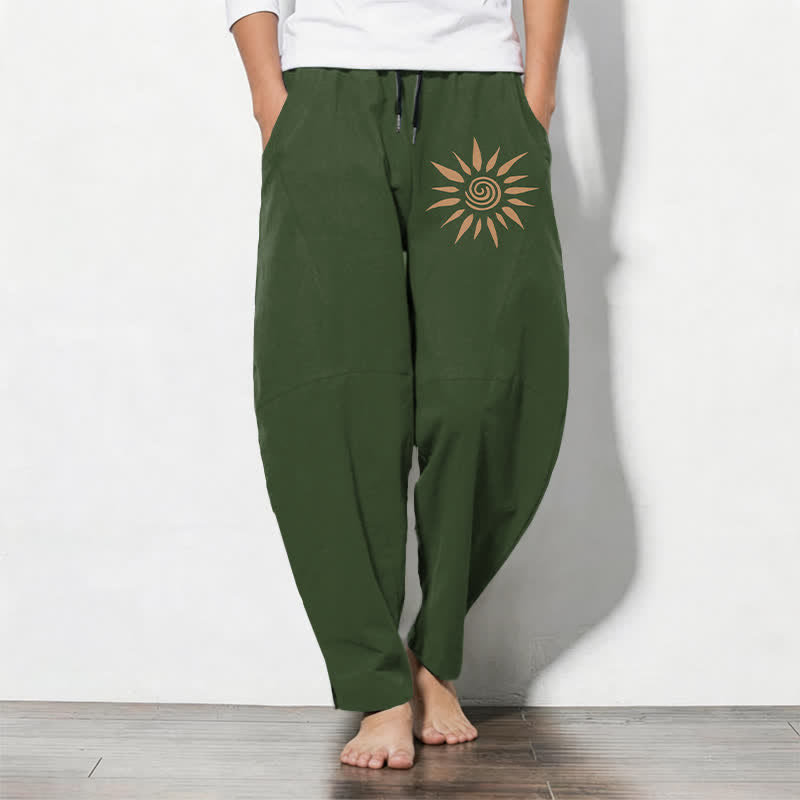 Buddha Stones Pantaloni da uomo affusolati in puro cotone con motivo a spirale e coulisse, con tasche. - Verde - US/UK/AU50, EU60 (5XL) - image 11