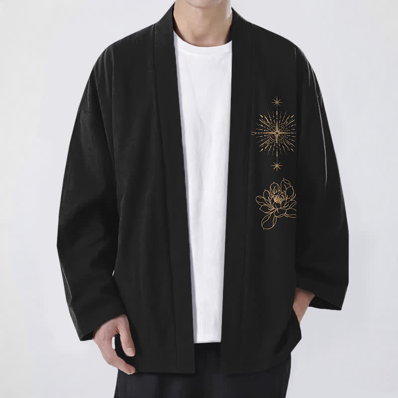 Buddha Stones Kimono da uomo in cotone con apertura frontale e motivo a stella di loto radiosa. - Nero - US/UK/AU48, EU58 (4XL) - image 0