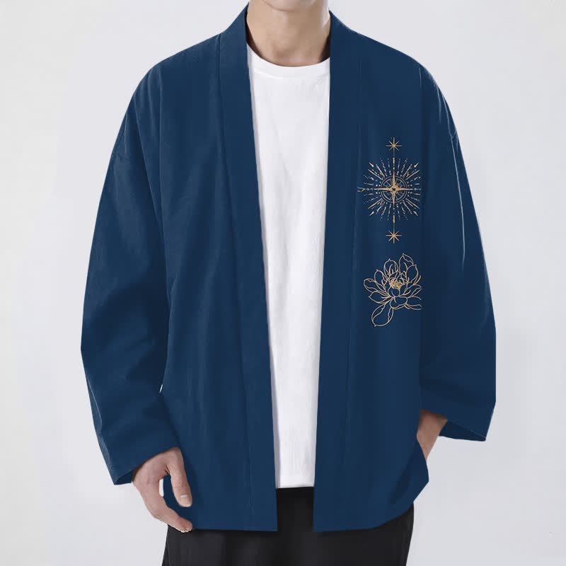Buddha Stones Kimono da uomo in cotone con apertura frontale e motivo a stella di loto radiosa. - Marina - US/UK/AU48, EU58 (4XL) - image 6