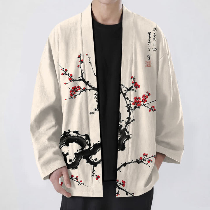 Buddha Stones Kimono da uomo con apertura frontale, fantasia a fiori di pruno, in cotone stampato. - Beige - US/UK/AU48, EU58 (4XL) - image 0