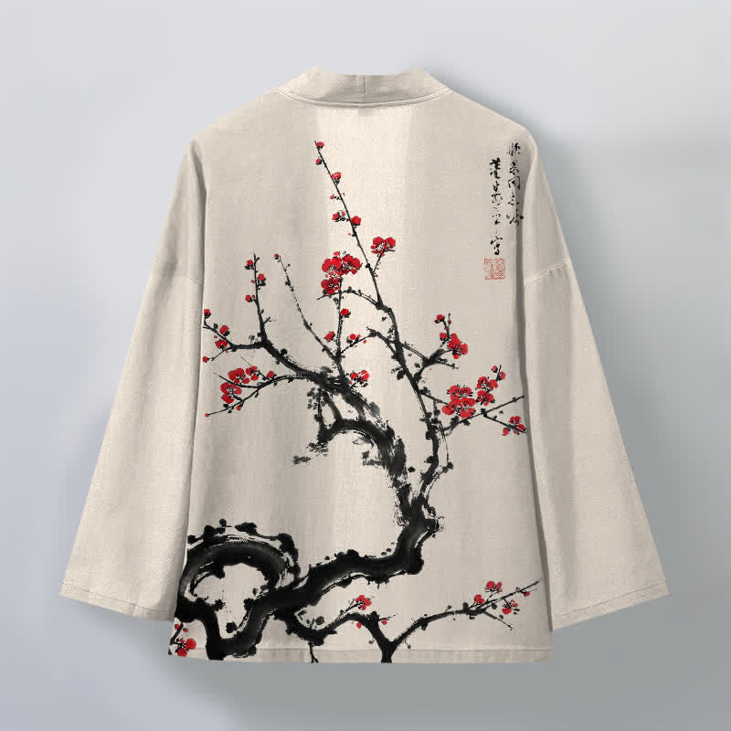 Buddha Stones Kimono da uomo con apertura frontale, fantasia a fiori di pruno, in cotone stampato. - image 2