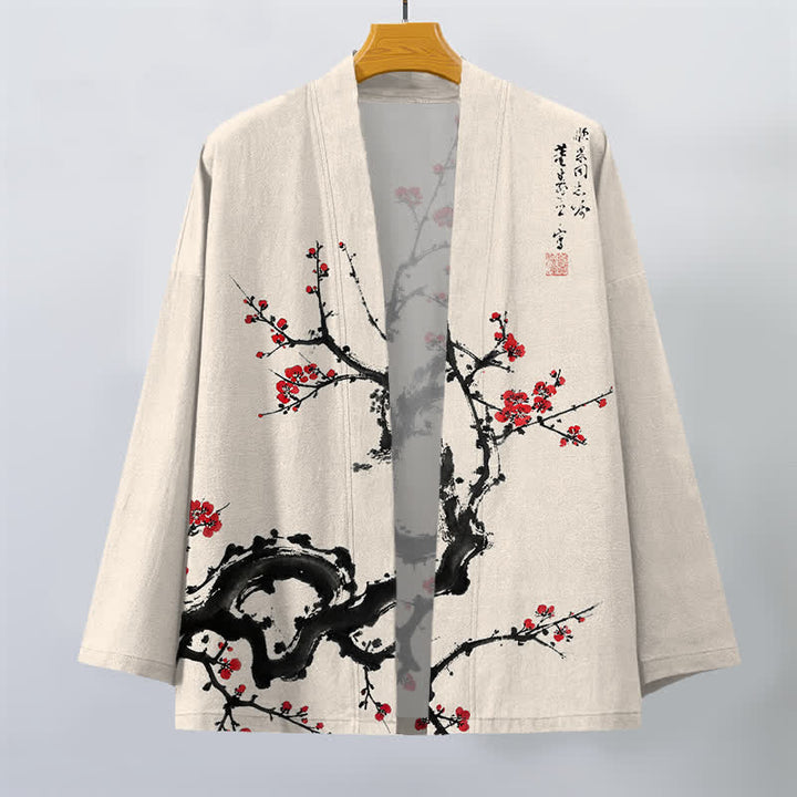 Buddha Stones Kimono da uomo con apertura frontale, fantasia a fiori di pruno, in cotone stampato. - image 1