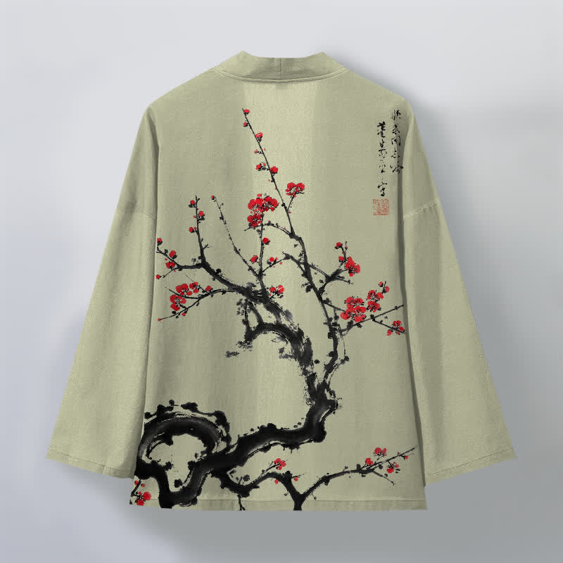 Buddha Stones Kimono da uomo con apertura frontale, fantasia a fiori di pruno, in cotone stampato. - image 8