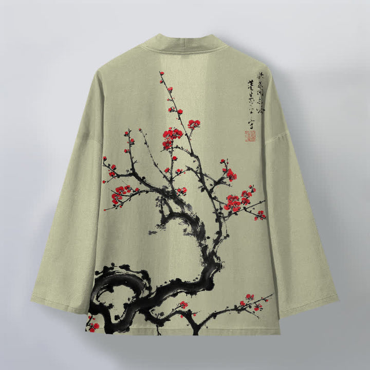 Buddha Stones Kimono da uomo con apertura frontale, fantasia a fiori di pruno, in cotone stampato. - image 8