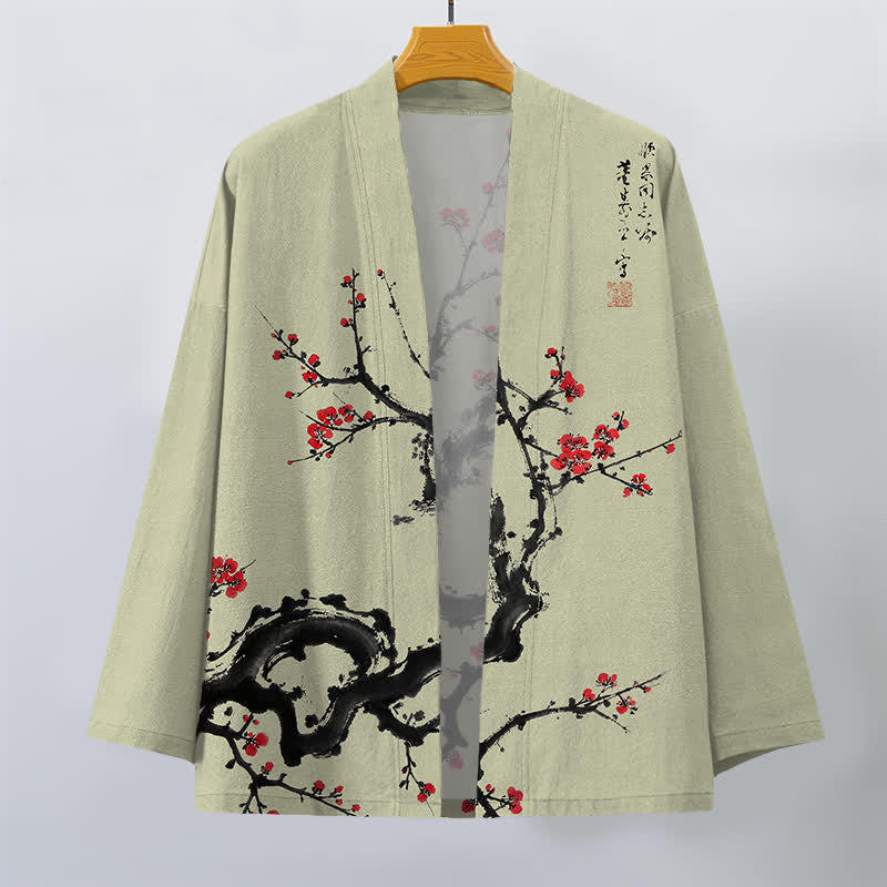 Buddha Stones Kimono da uomo con apertura frontale, fantasia a fiori di pruno, in cotone stampato. - image 7