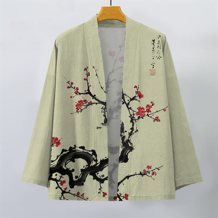 Buddha Stones Kimono da uomo con apertura frontale, fantasia a fiori di pruno, in cotone stampato. - image 7