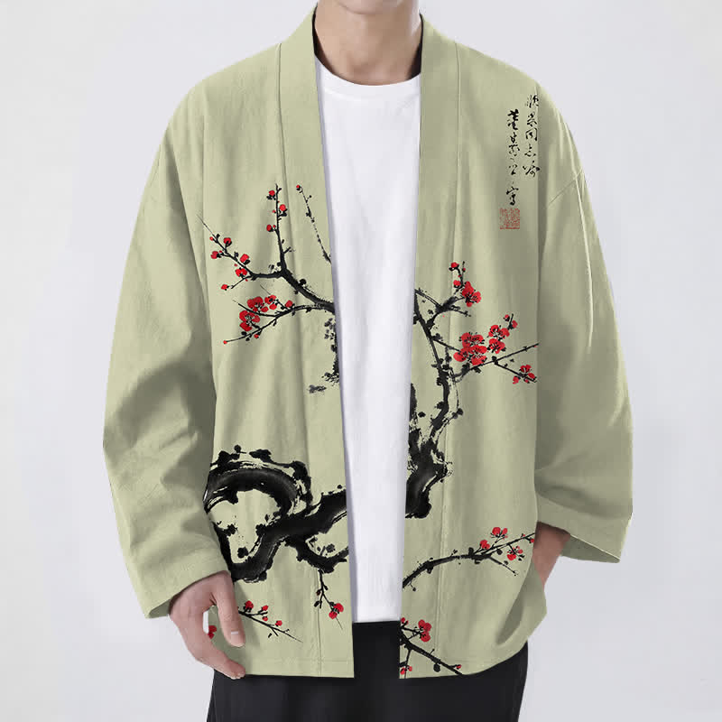 Buddha Stones Kimono da uomo con apertura frontale, fantasia a fiori di pruno, in cotone stampato. - Verde Giallo - US/UK/AU48, EU58 (4XL) - image 6