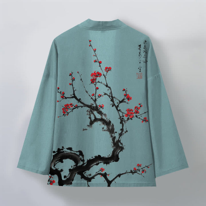 Buddha Stones Kimono da uomo con apertura frontale, fantasia a fiori di pruno, in cotone stampato. - image 11