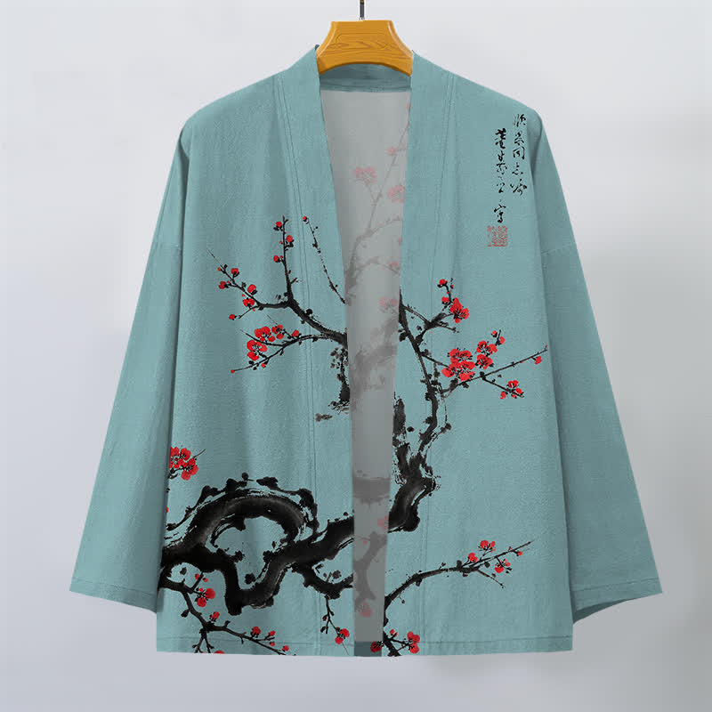 Buddha Stones Kimono da uomo con apertura frontale, fantasia a fiori di pruno, in cotone stampato. - image 10