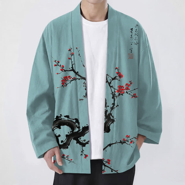 Buddha Stones Kimono da uomo con apertura frontale, fantasia a fiori di pruno, in cotone stampato. - Turchese - US/UK/AU48, EU58 (4XL) - image 9