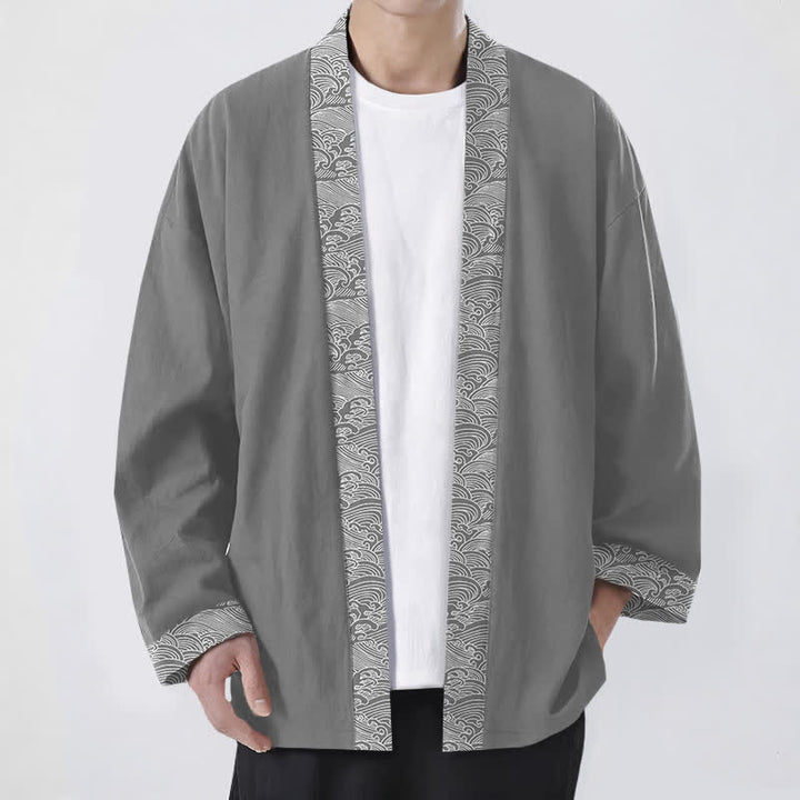 Buddha Stones Kimono da uomo in cotone con bordo a motivo onde oceaniche e apertura frontale. - Grigio - US/UK/AU48, EU58 (4XL) - image 6
