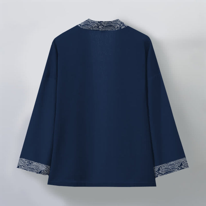 Buddha Stones Kimono da uomo in cotone con bordo a motivo onde oceaniche e apertura frontale. - image 2