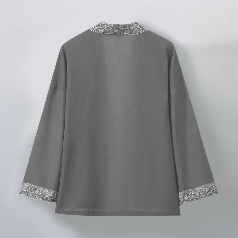 Buddha Stones Kimono da uomo in cotone con bordo a motivo onde oceaniche e apertura frontale. - image 8
