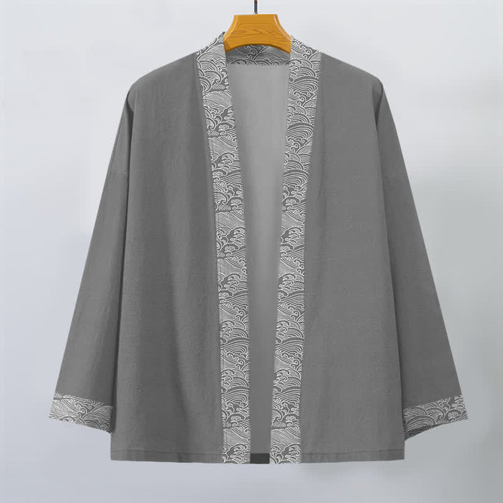 Buddha Stones Kimono da uomo in cotone con bordo a motivo onde oceaniche e apertura frontale. - image 7