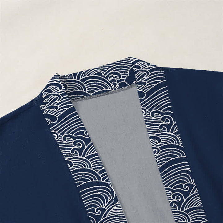 Buddha Stones Kimono da uomo in cotone con bordo a motivo onde oceaniche e apertura frontale. - image 3