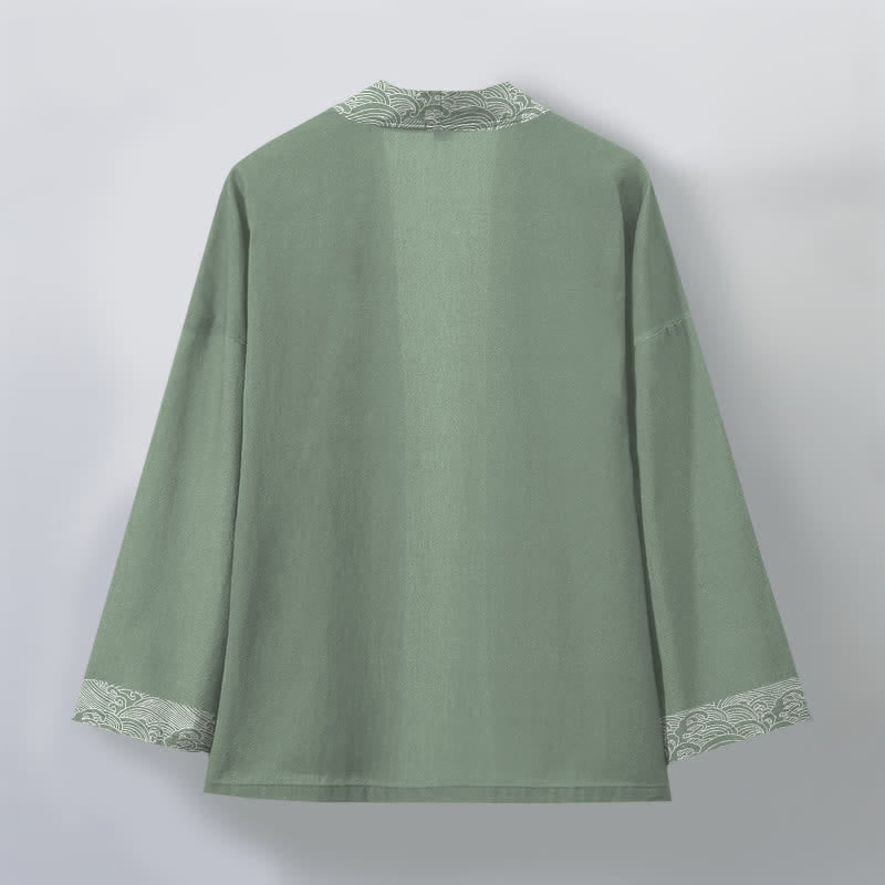 Buddha Stones Kimono da uomo in cotone con bordo a motivo onde oceaniche e apertura frontale. - image 11