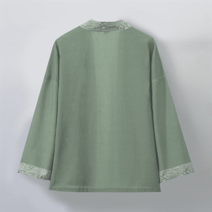 Buddha Stones Kimono da uomo in cotone con bordo a motivo onde oceaniche e apertura frontale. - image 11