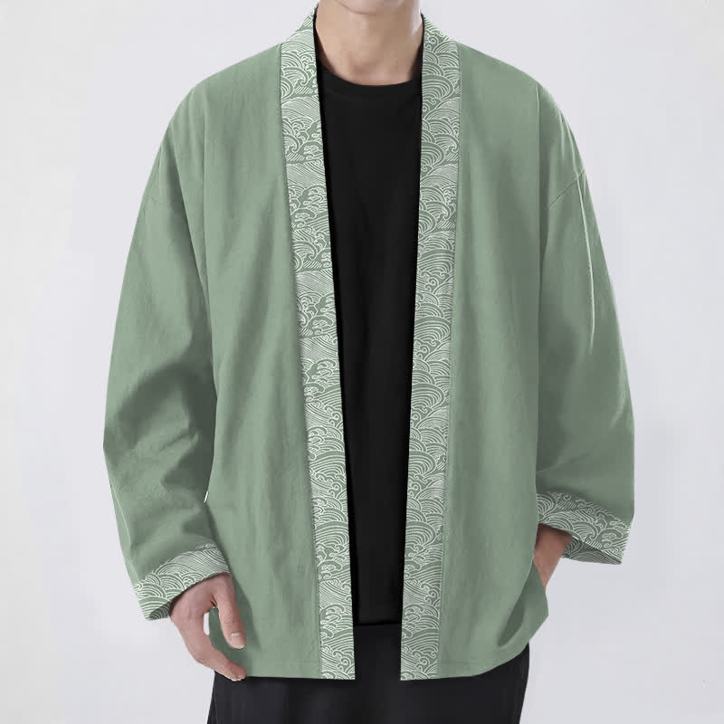 Buddha Stones Kimono da uomo in cotone con bordo a motivo onde oceaniche e apertura frontale. - Verde Mare Scuro - US/UK/AU48, EU58 (4XL) - image 9
