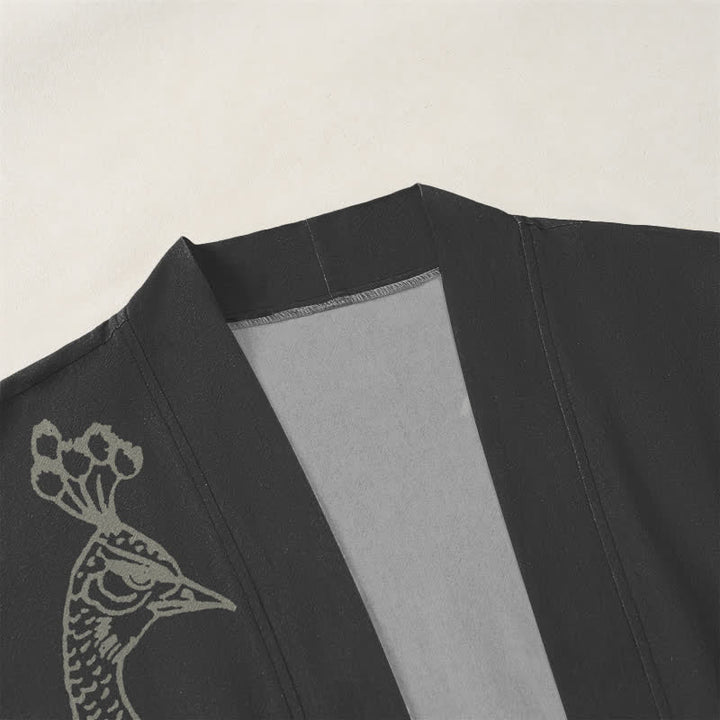 Buddha Stones Kimono da uomo aperto sul davanti in cotone con motivo a pavone e peonia. - image 3