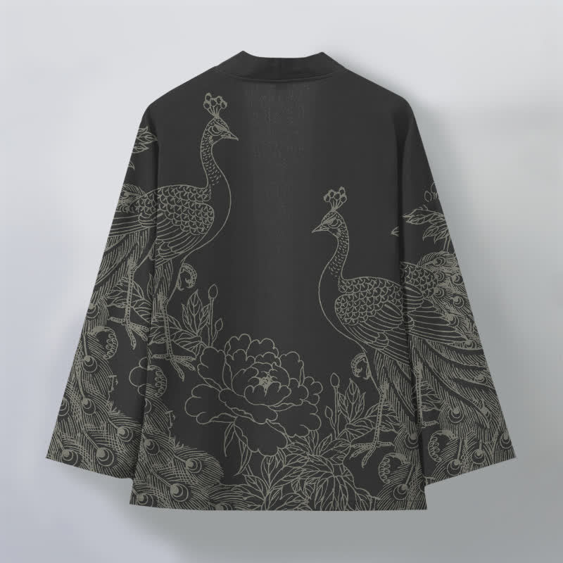 Buddha Stones Kimono da uomo aperto sul davanti in cotone con motivo a pavone e peonia. - image 2