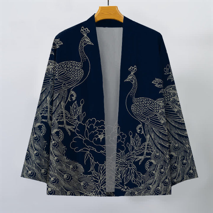 Buddha Stones Kimono da uomo aperto sul davanti in cotone con motivo a pavone e peonia. - image 7