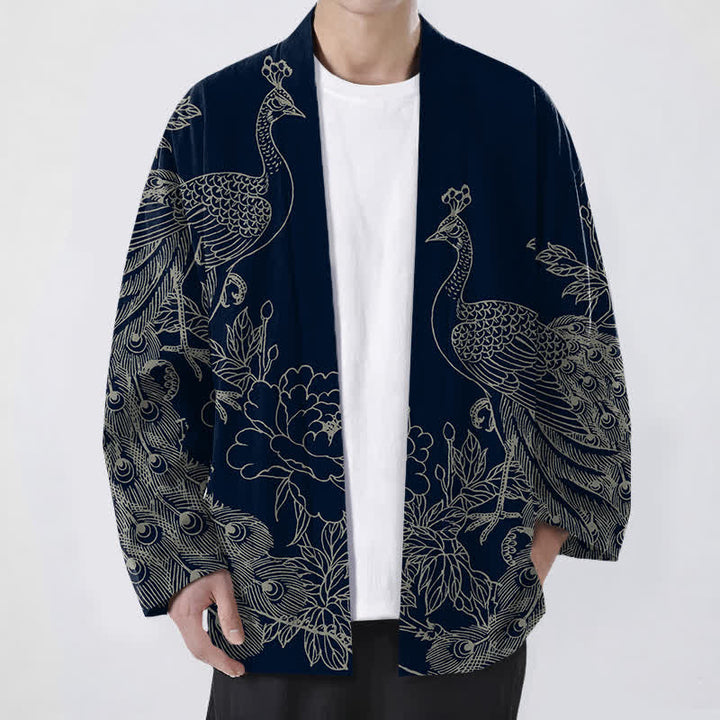 Buddha Stones Kimono da uomo aperto sul davanti in cotone con motivo a pavone e peonia. - Marina - US/UK/AU48, EU58 (4XL) - image 6