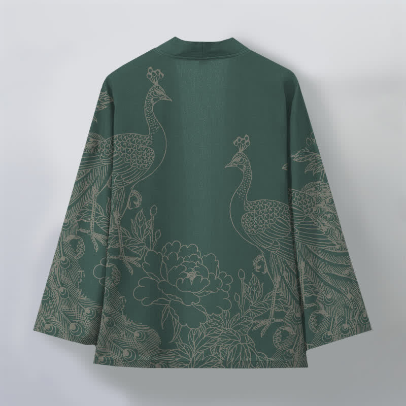 Buddha Stones Kimono da uomo aperto sul davanti in cotone con motivo a pavone e peonia. - image 11