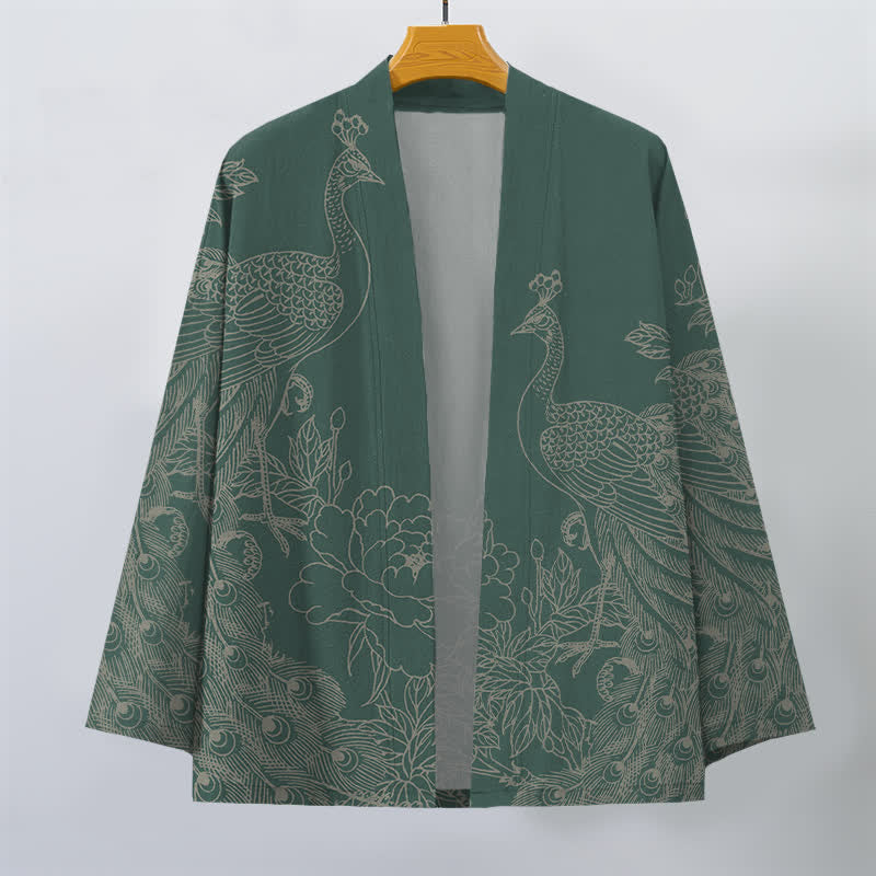Buddha Stones Kimono da uomo aperto sul davanti in cotone con motivo a pavone e peonia. - image 10