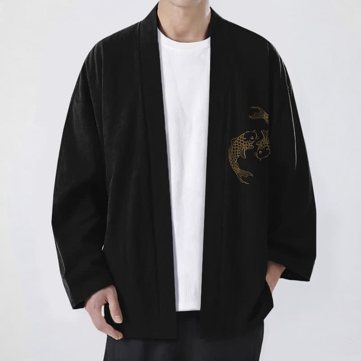 Buddha Stones Kimono da uomo in cotone con stampa di due carpe koi e apertura frontale. - Nero - US/UK/AU48, EU58 (4XL) - image 0