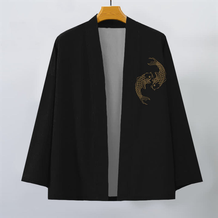 Buddha Stones Kimono da uomo in cotone con stampa di due carpe koi e apertura frontale. - image 1
