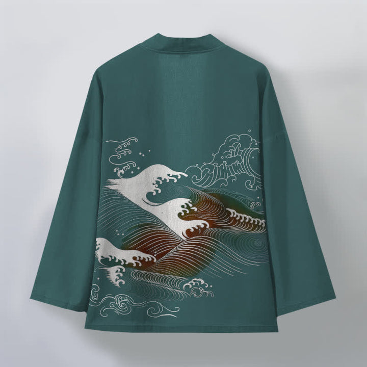 Buddha Stones Kimono da uomo in cotone con motivo a onde oceaniche e apertura frontale. - image 8