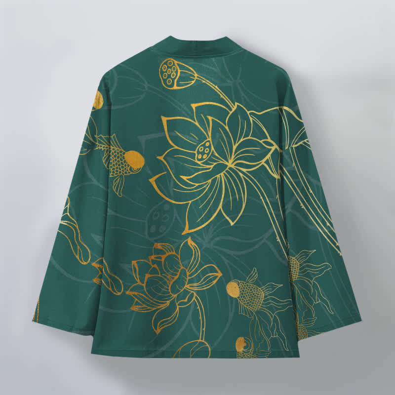 Buddha Stones Kimono da uomo in cotone con motivo koi e loto, aperto sul davanti. - image 2