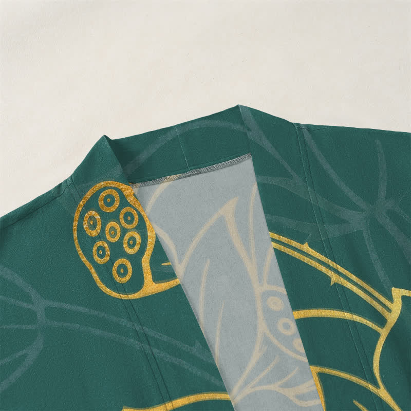 Buddha Stones Kimono da uomo in cotone con motivo koi e loto, aperto sul davanti. - image 3