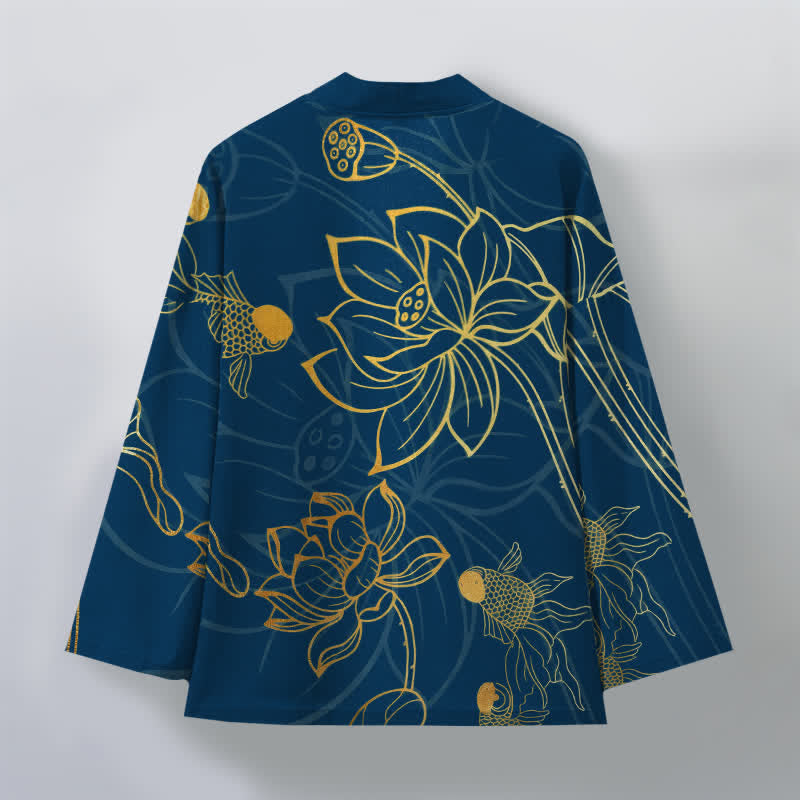 Buddha Stones Kimono da uomo in cotone con motivo koi e loto, aperto sul davanti. - image 8
