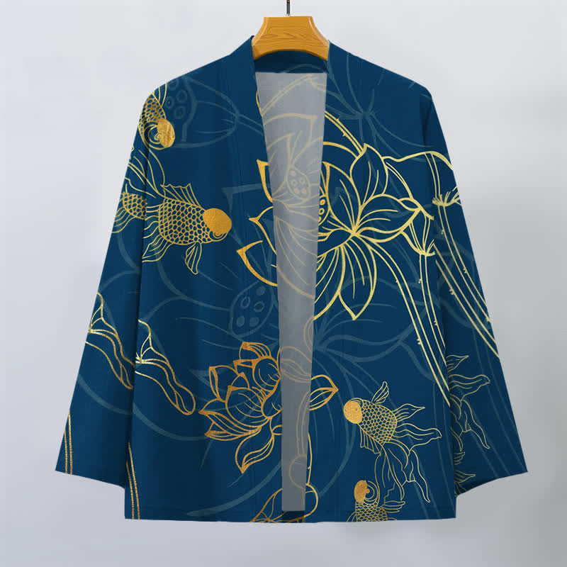 Buddha Stones Kimono da uomo in cotone con motivo koi e loto, aperto sul davanti. - image 7