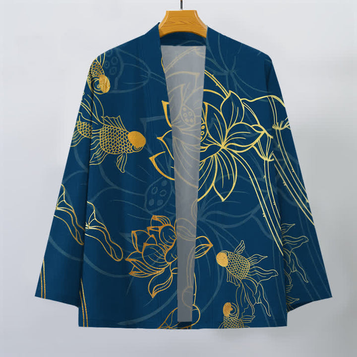 Buddha Stones Kimono da uomo in cotone con motivo koi e loto, aperto sul davanti. - image 7