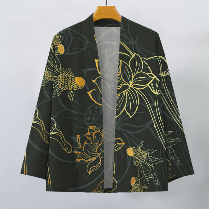 Buddha Stones Kimono da uomo in cotone con motivo koi e loto, aperto sul davanti. - image 10