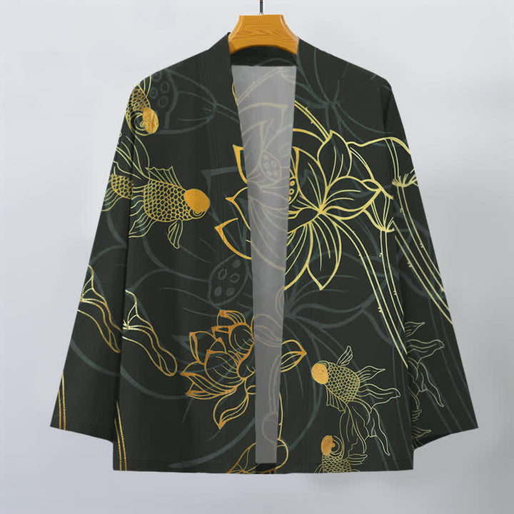 Buddha Stones Kimono da uomo in cotone con motivo koi e loto, aperto sul davanti. - image 10