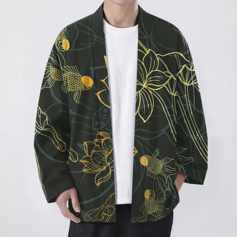 Buddha Stones Kimono da uomo in cotone con motivo koi e loto, aperto sul davanti. - Nero - US/UK/AU48, EU58 (4XL) - image 9