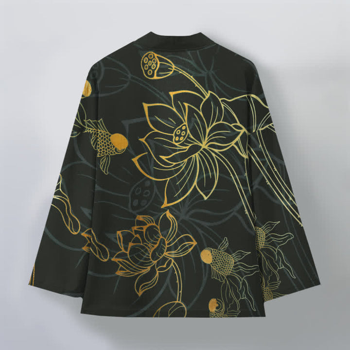 Buddha Stones Kimono da uomo in cotone con motivo koi e loto, aperto sul davanti. - image 11