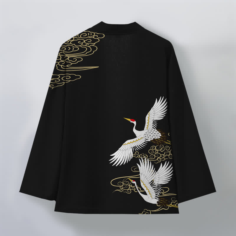Buddha Stones Kimono da uomo in cotone bianco con motivo gru e nuvole di buon auspicio, aperto sul davanti. - image 2