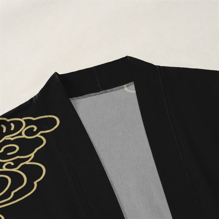 Buddha Stones Kimono da uomo in cotone bianco con motivo gru e nuvole di buon auspicio, aperto sul davanti. - image 3