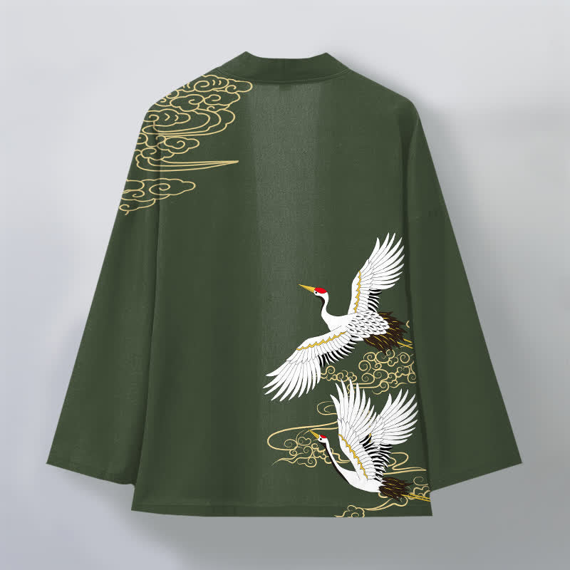 Buddha Stones Kimono da uomo in cotone bianco con motivo gru e nuvole di buon auspicio, aperto sul davanti. - image 8