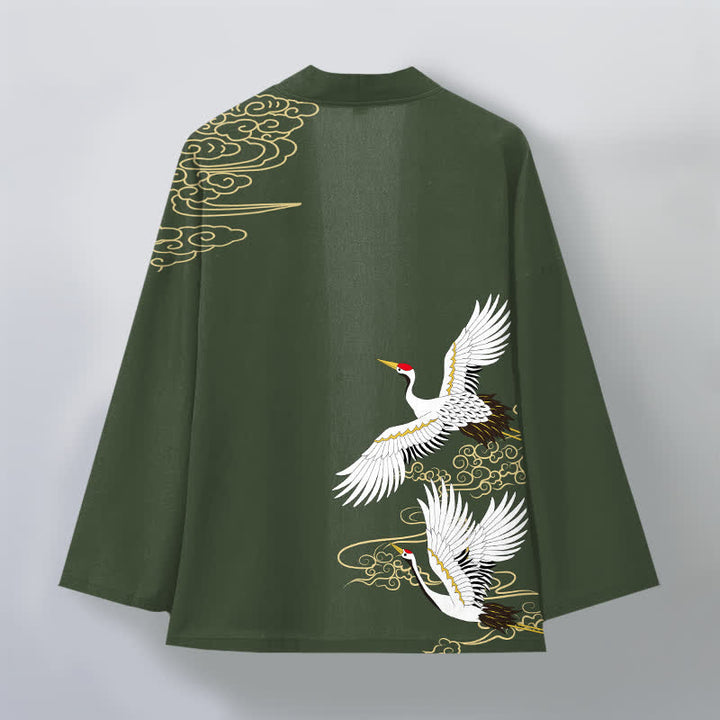 Buddha Stones Kimono da uomo in cotone bianco con motivo gru e nuvole di buon auspicio, aperto sul davanti. - image 8