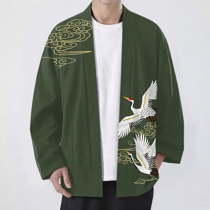Buddha Stones Kimono da uomo in cotone bianco con motivo gru e nuvole di buon auspicio, aperto sul davanti. - Verde oliva scuro - US/UK/AU48, EU58 (4XL) - image 6