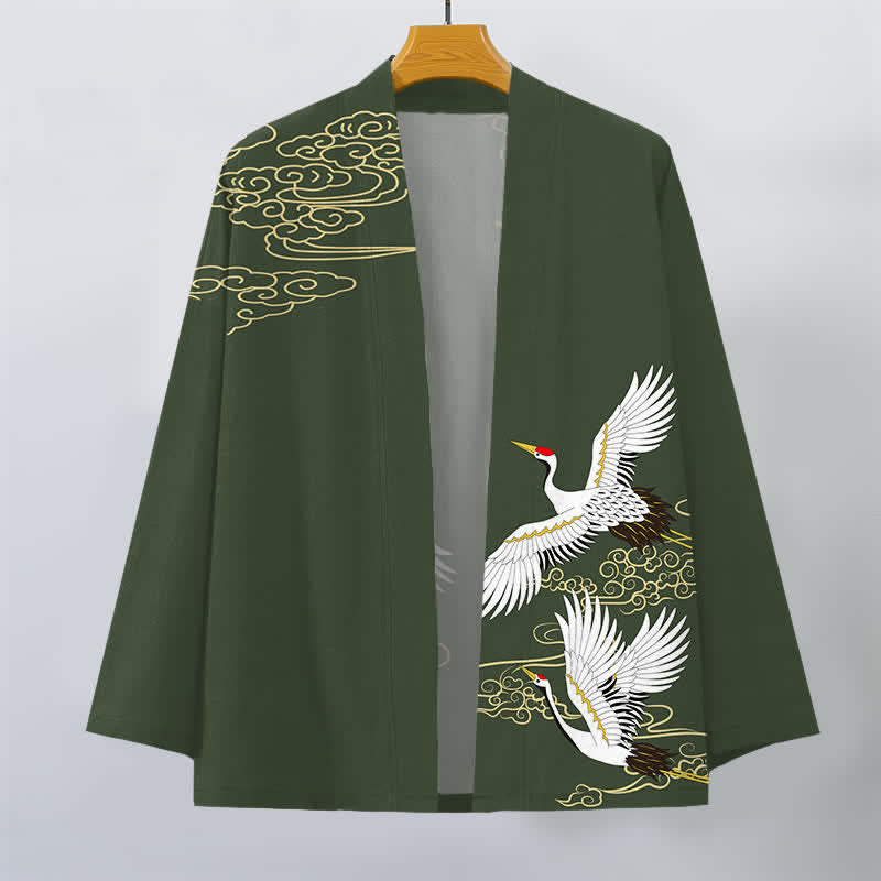 Buddha Stones Kimono da uomo in cotone bianco con motivo gru e nuvole di buon auspicio, aperto sul davanti. - image 7
