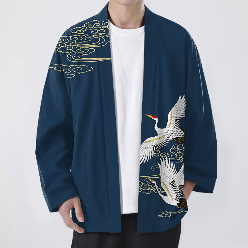 Buddha Stones Kimono da uomo in cotone bianco con motivo gru e nuvole di buon auspicio, aperto sul davanti. - Marina - US/UK/AU48, EU58 (4XL) - image 9