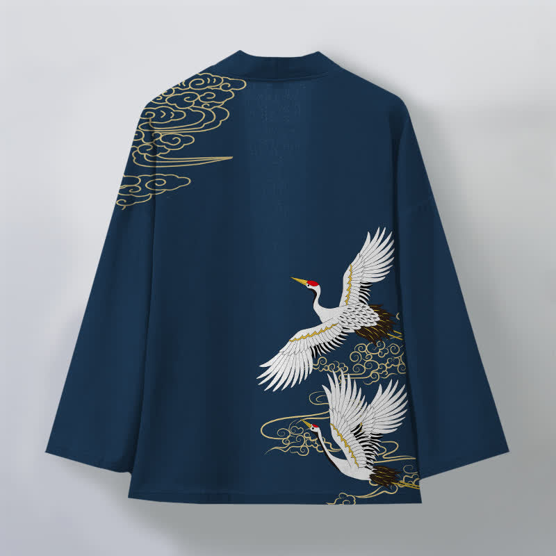 Buddha Stones Kimono da uomo in cotone bianco con motivo gru e nuvole di buon auspicio, aperto sul davanti. - image 11
