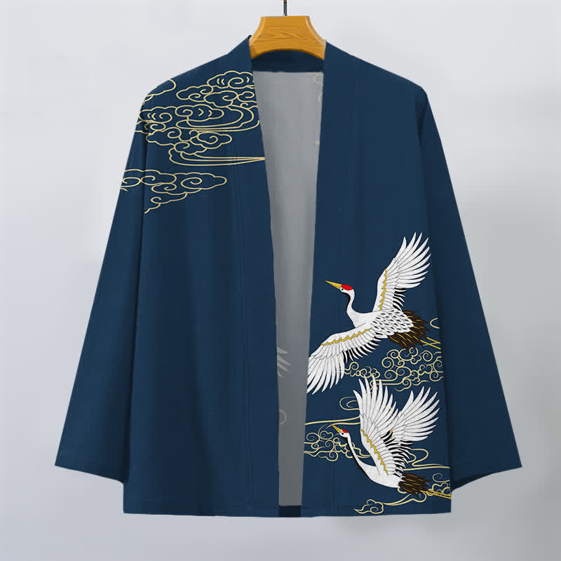Buddha Stones Kimono da uomo in cotone bianco con motivo gru e nuvole di buon auspicio, aperto sul davanti. - image 10