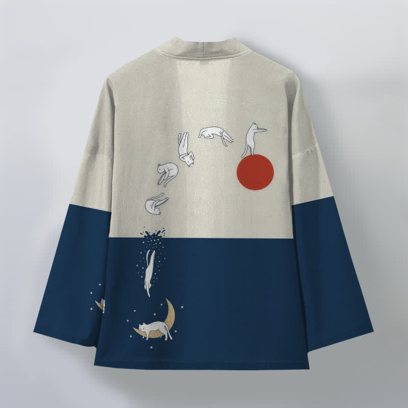 Buddha Stones Kimono da uomo in cotone con motivo a gatti, sole e mezzaluna, aperto sul davanti. - image 2